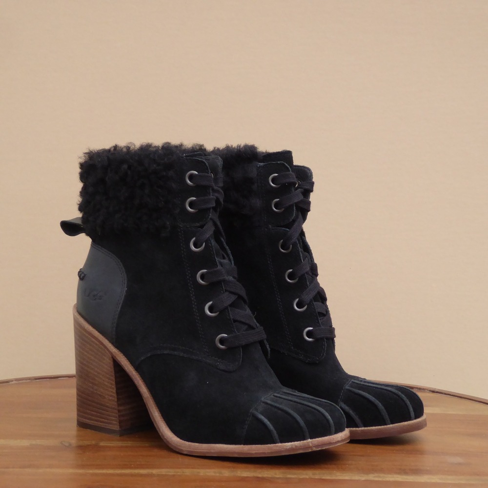 UGG Womens Jaxon 1095058 Black Cuffed Lace Up Heeled Ankle Booties Size 8